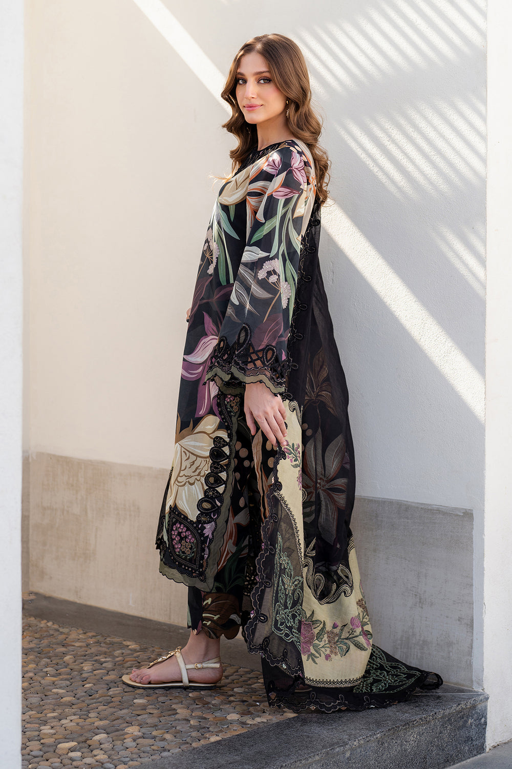 BAROQUE EMBROIDERED MULTI PRINTED DARK ROSE | UNSTITCHED PARTY WEAR| TOP PAKISTANI DRESS BY SHAEBIZ S